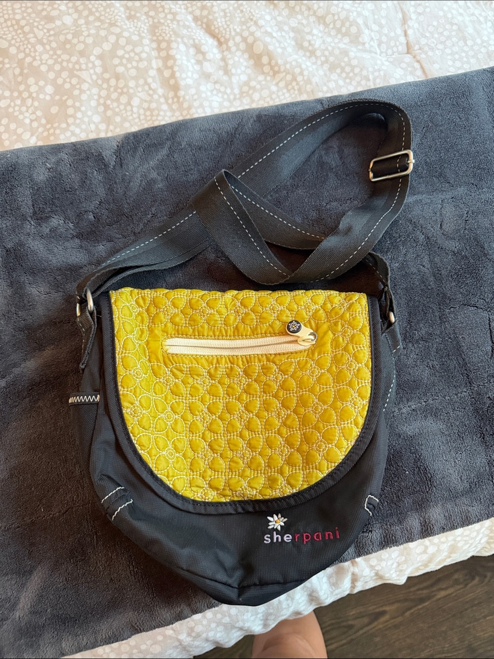 Sherpani green and black floral Quilted Flap Crossbody with adjustable strap